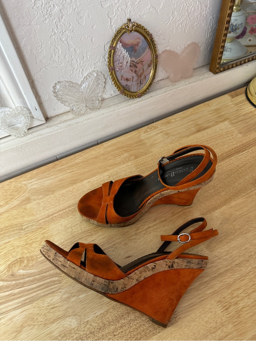 Cute Franco Barbieri Italian Suede Cork Wedge Sandals Ankle Strap Heels Size 9.5
